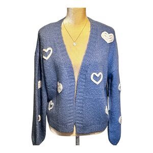NWT Threaded Leaf Open Front Sweater Size M Blue White Hearts Soft